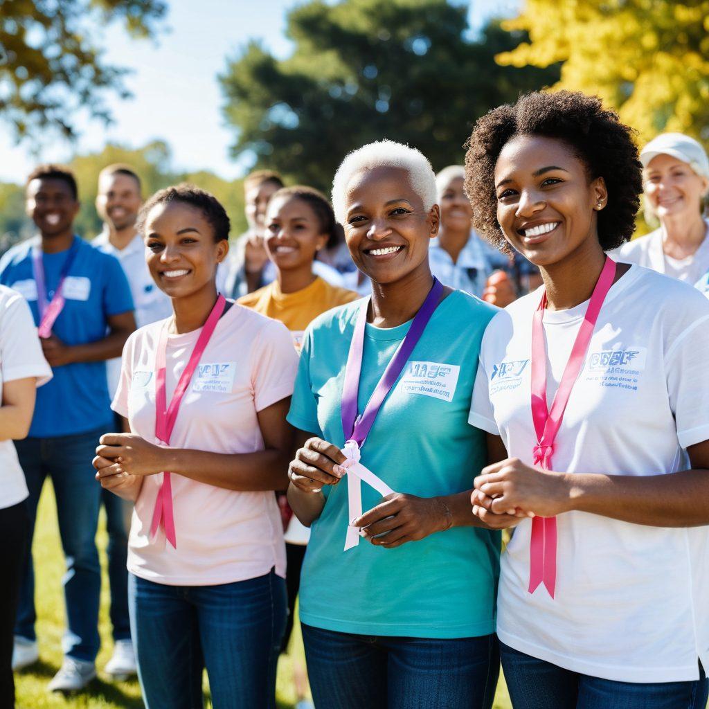 A diverse group of cancer survivors, standing together in a sunlit park, smiling and showing their support for one another, while holding hands and holding various symbols of hope and empowerment like ribbons and banners. In the background, a vibrant community gathering with people of all ages engaging in supportive activities. The scene is infused with warm sunlight and a clear blue sky, conveying a sense of unity and strength. super-realistic. vibrant colors. soft focus.