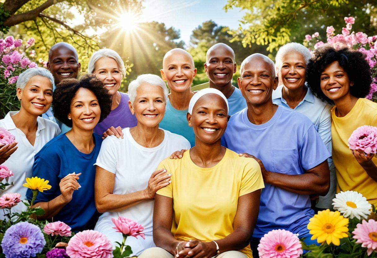 A serene scene depicting a diverse group of cancer survivors, smiling and embracing life, surrounded by symbols of hope such as blooming flowers, sunlight, and supportive hands. Include elements representing oncology and wellness, like healthy food and wellness tools. The atmosphere radiates strength, resilience, and community support. bright and uplifting colors. super-realistic.